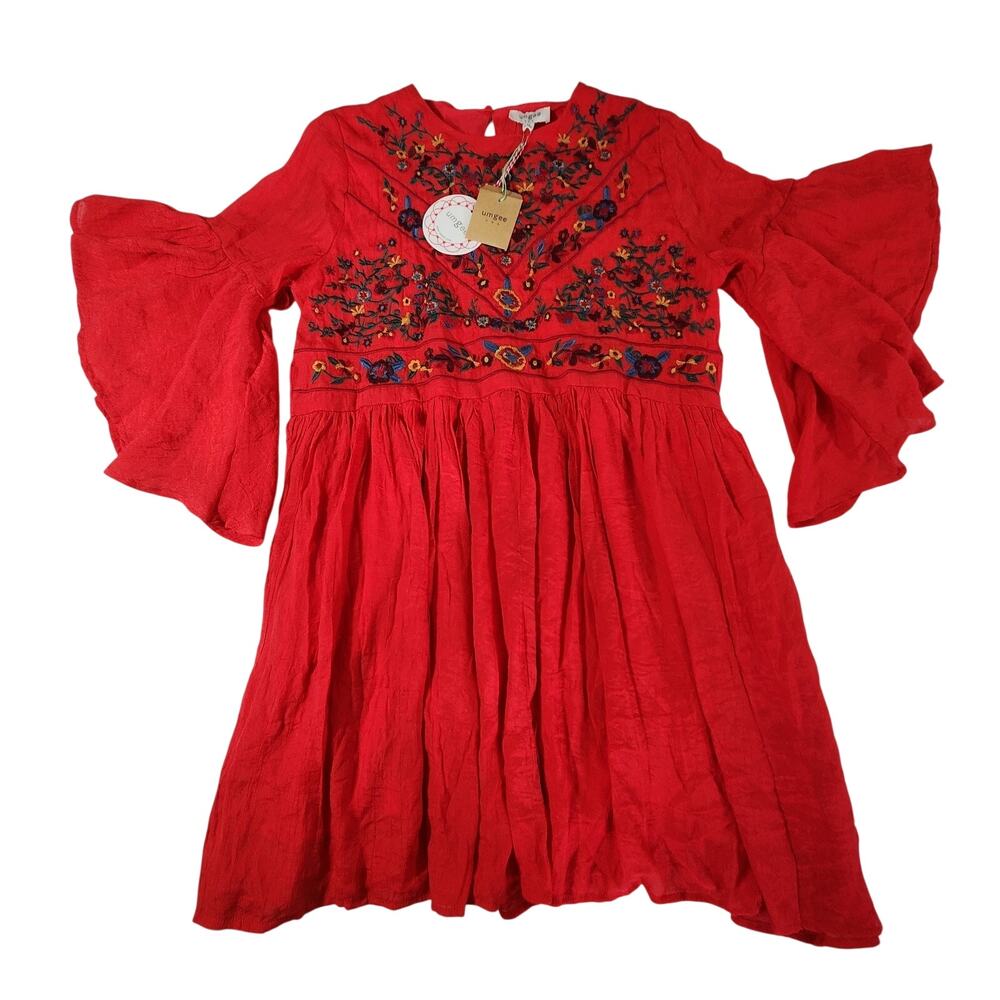 Umgee Dress Floral Embroidered Bell Sleeve Boho Babydoll Red Hippie Beachy Sz M